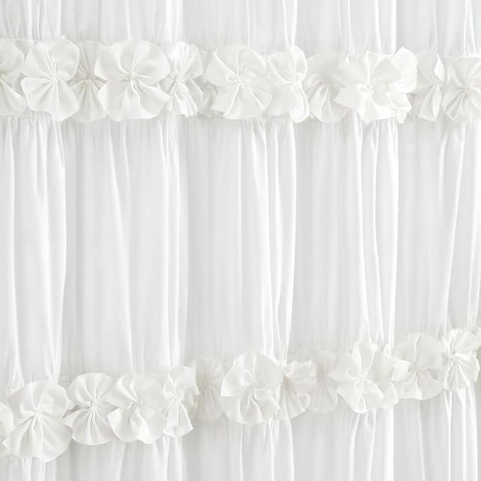 Ruffle Farmhouse Linen Shower Curtain with Vintage Cotton White 72"W x 72"H | Soft Cotton Cloth, Ruffle Bow and Ruffled Hem，Linen Texture，Machine Washable，12 Metal Holes and Plastic Hooks