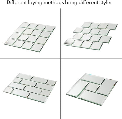 Peel and Stick 3 Inch Beveled Mirror Glass Tile Silver Crystal Mosaic Tile for Kitchen Backsplash Bathroom (3x3 Inch, 32 Sheets)