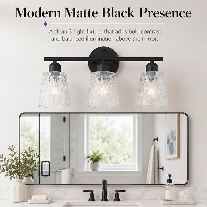 3-Light Black Bathroom Vanity Light Over Mirror, Modern Wall-Mounted Fixture with Textured Glass Shades and Stainless Steel Construction, E26 Sockets (Bulbs Not Included)