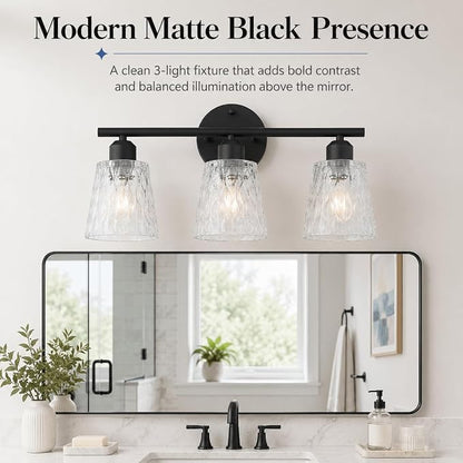 3-Light Black Bathroom Vanity Light Over Mirror, Modern Wall-Mounted Fixture with Textured Glass Shades and Stainless Steel Construction, E26 Sockets (Bulbs Not Included)