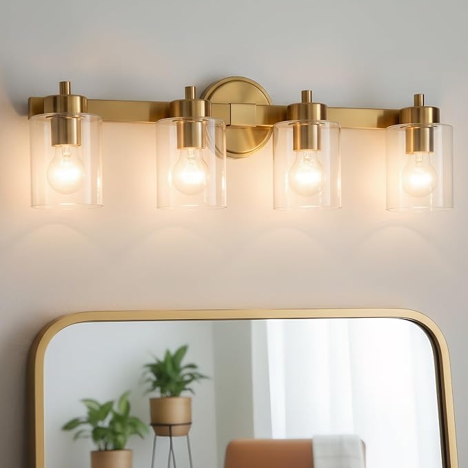 Ken & Ricky 4 Light Brushed Gold Bathroom Vanity Lights Fixtures | Over Mirror,Modern Wall Sconce,E26，Clear Glass Shades For Living Room Bedroom Entryway