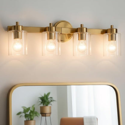 Ken & Ricky 4 Light Brushed Gold Bathroom Vanity Lights Fixtures | Over Mirror,Modern Wall Sconce,E26，Clear Glass Shades For Living Room Bedroom Entryway
