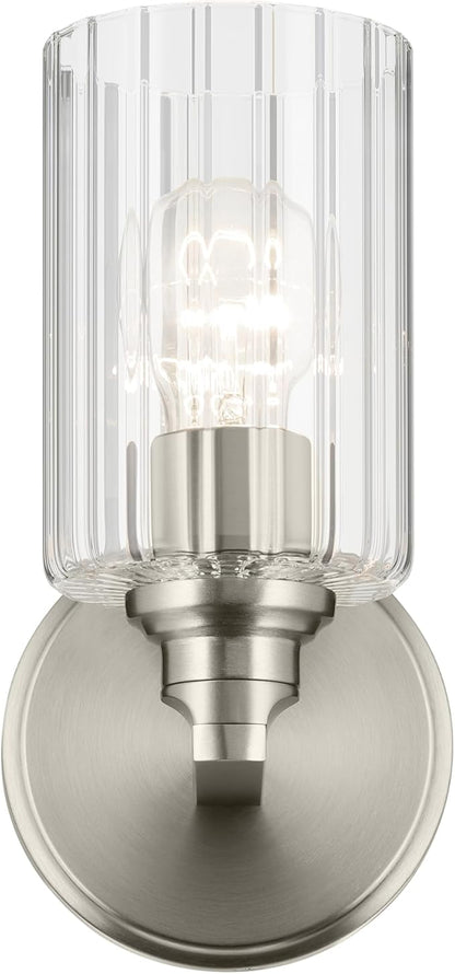 Kichler Gioe 5" 1-Light Wall Sconce with Clear Fluted Glass in Brushed Nickel, Damp Rated, for Powder Room, Kitchen, Hallway, Bedroom, Fireplace, (5" W x 9.5" H), 55224NIFLU
