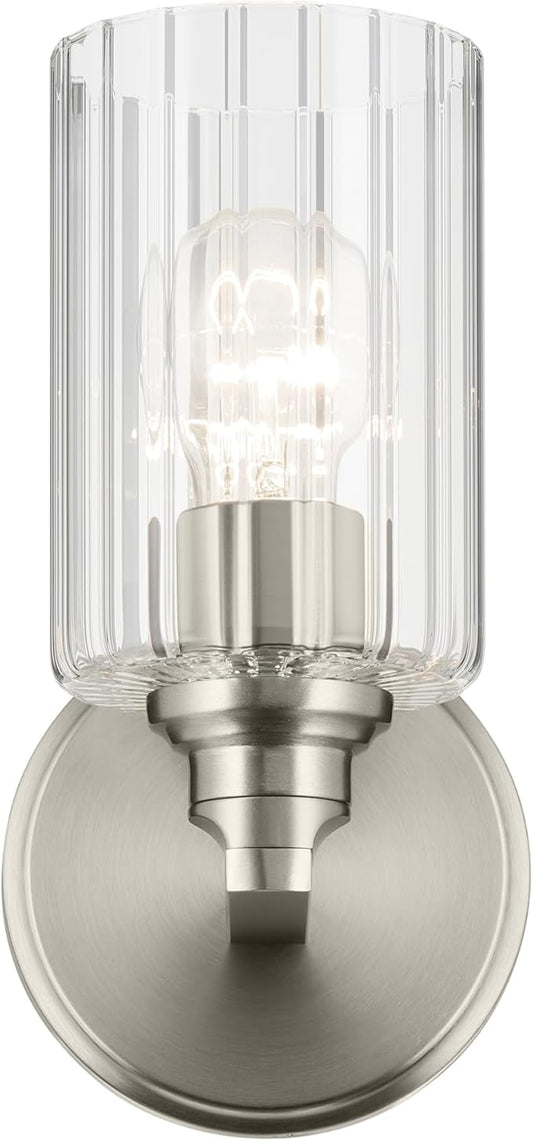 Kichler Gioe 5" 1-Light Wall Sconce with Clear Fluted Glass in Brushed Nickel, Damp Rated, for Powder Room, Kitchen, Hallway, Bedroom, Fireplace, (5" W x 9.5" H), 55224NIFLU