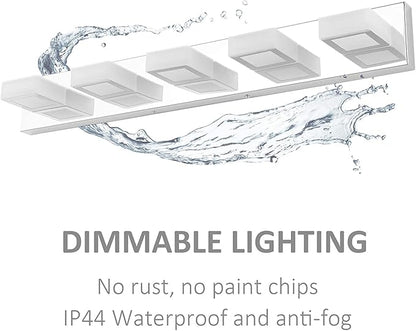 Ralbay Dimmable Chrome Bathroom Light Fixtures 5 Lights Modern LED Vanity Light Fixtures Acrylic Stainless Steel Chrome Bathroom Vanity Wall Lighting Over Mirror