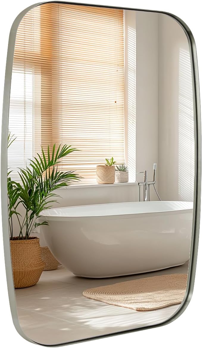 Brushed Nickel Mirror, 24x32’’ Oval Mirror for Bathroom, Brushed Nickel Oblong Bathroom Mirror for Over Sink, Modern Anti Rust Silver Vanity Mirror