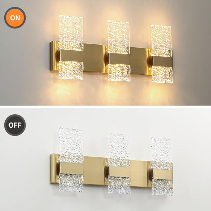 Modern Brushed Gold 6-Lights Bathroom Vanity Light, Eleglant Brass LED Bathroom Light Fixtures Over Mirror, Dimmable Acrylic Shade Wall Lighting Fixtures, Hardwired Wall Light(H9.25in, L21.26in)