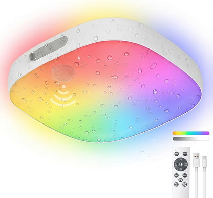 Shower Light IP65 Waterproof, Motion Sensor Ceiling Light, Rechargeable Closet Light with 10000mAh Battery & Remote, 18 RGB Colors LED Bathroom Shower Lamp for Inside Shower/Bathtub, Mood Lighting