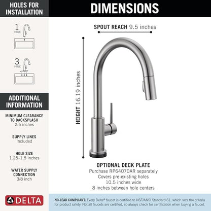 Delta Faucet Trinsic Touch Kitchen Faucet with Touchless Technology, Kitchen Faucet with Pull Down Sprayer, Brushed Nickel Kitchen Faucet, Touchless Kitchen Faucet, Arctic Stainless 9159TL-AR-DST