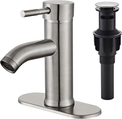 Bathroom Faucet, Modern Single Handle, Brushed Nickel, Stainless Steel & Brass, 1-3 Hole, Deck Mount, Pop-up Drain, Ceramic Filter