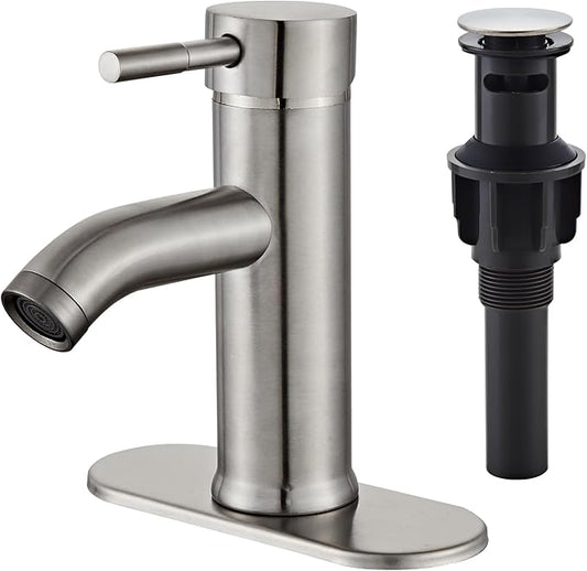 Bathroom Faucet, Modern Single Handle, Brushed Nickel, Stainless Steel & Brass, 1-3 Hole, Deck Mount, Pop-up Drain, Ceramic Filter