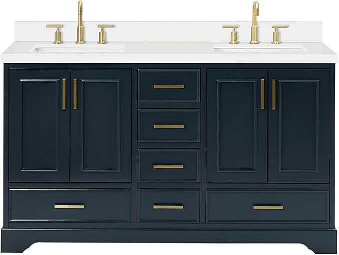 ARIEL Stafford 60-inch Bathroom Vanity with Sink,Solid Wood, 1.5-inch Pure White Quartz Countertop, Double Rectangular Porcelain Sink, 4 Soft Closing Doors, 6 Dovetail Drawers, Midnight Blue