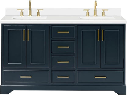 ARIEL Stafford 60-inch Bathroom Vanity with Sink,Solid Wood, 1.5-inch Pure White Quartz Countertop, Double Rectangular Porcelain Sink, 4 Soft Closing Doors, 6 Dovetail Drawers, Midnight Blue