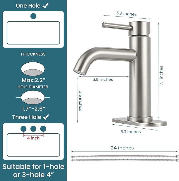 Bathroom Faucets Brushed Nickel Bathroom Sink Faucet Modern Single Handle Bathroom Faucet for 1 or 3 Hole Mxier Tap Washbasin Faucet with Deck, Pop-up Drain and Supply Hoses