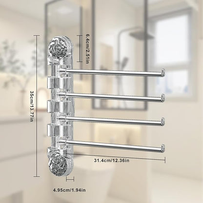 Swivel Towel Bar - Strong Suction Cup Stainless Steel 4 Arm, Folding Bathroom & Kitchen Towel Rack, Wall Mounted, Nail Free Installation