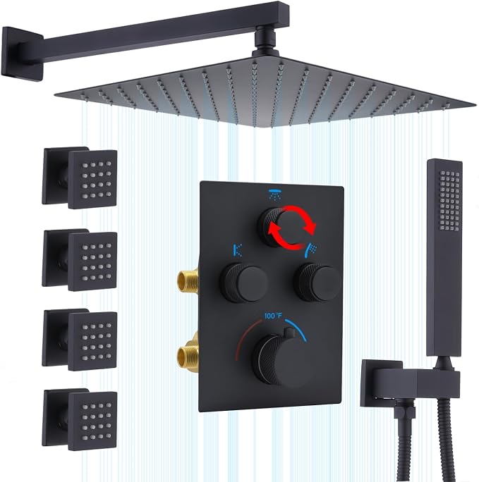 Rain Shower System,12 Inch Wall Mounted Rain Shower Head with Body Jets and Handheld Shower, Push Button Thermostatic Shower Faucet Set, Can Use all Options at a Time, Matte Black