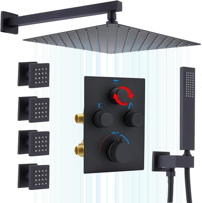Rain Shower System,12 Inch Wall Mounted Rain Shower Head with Body Jets and Handheld Shower, Push Button Thermostatic Shower Faucet Set, Can Use all Options at a Time, Matte Black