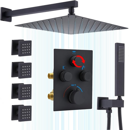 Rain Shower System,12 Inch Wall Mounted Rain Shower Head with Body Jets and Handheld Shower, Push Button Thermostatic Shower Faucet Set, Can Use all Options at a Time, Matte Black
