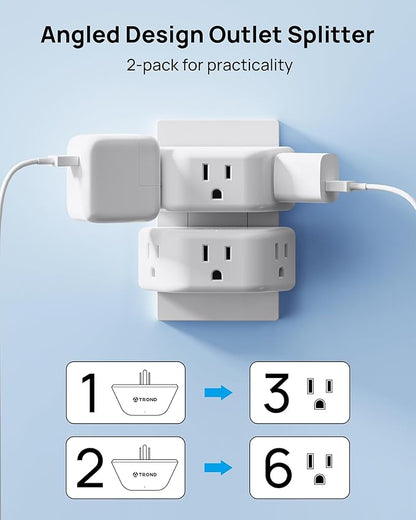 TROND Multi Plug Outlet Extender 2 Pack, Outlet Splitter for Bathroom | No Blocking with 3 Way Angled Design, ETL Listed, Cruise Essentials, Small Multiple Plug Adapter for Kitchen Office, White