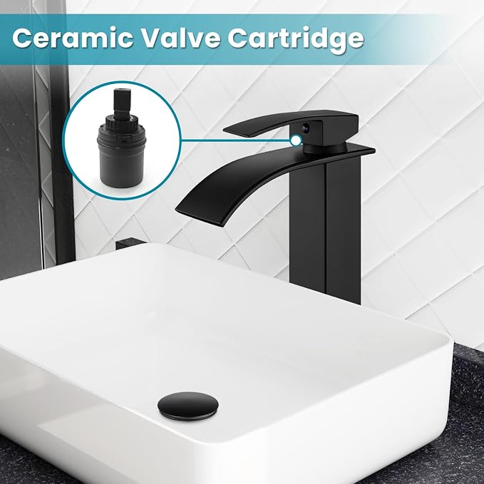 gotonovo Waterfall Tall Bathroom Faucet 1 Hole No Drain, Matte Black | Modern Vessel Sink Faucet Single Handle 304 Stainless Steel,24” cUPC Supply Hoses,for Bowl Basin Lavatory Vanity Restroom RV