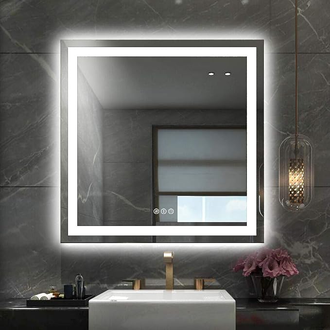 LED Bathroom Mirror 36"X36" with Front Light and Backlit | Stepless Dimmable, Anti-Fog, Shatter-Proof, HD Reflection, Memory, 3 Colors Lighting Square Mirror, UL Listed
