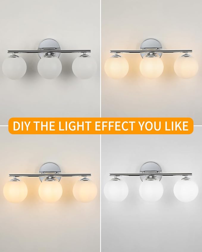 foucasal Chrome 3-Light Globe Bathroom Vanity Light Fixture Over Mirror | G9 Socket, Plastic Milk Globe Shades, 4.72" Base, 10W Max, Adjustable Up/Down Light, Mid Century Style for Bathroom Bedroom