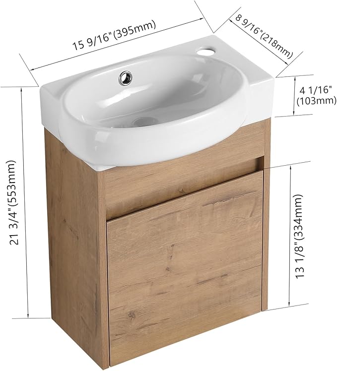 16 Inch Wall Mount Vanity w/Sink Combo for Small Space, Round Single Ceramic Sink Modern Bathroom Vanity Cabinet