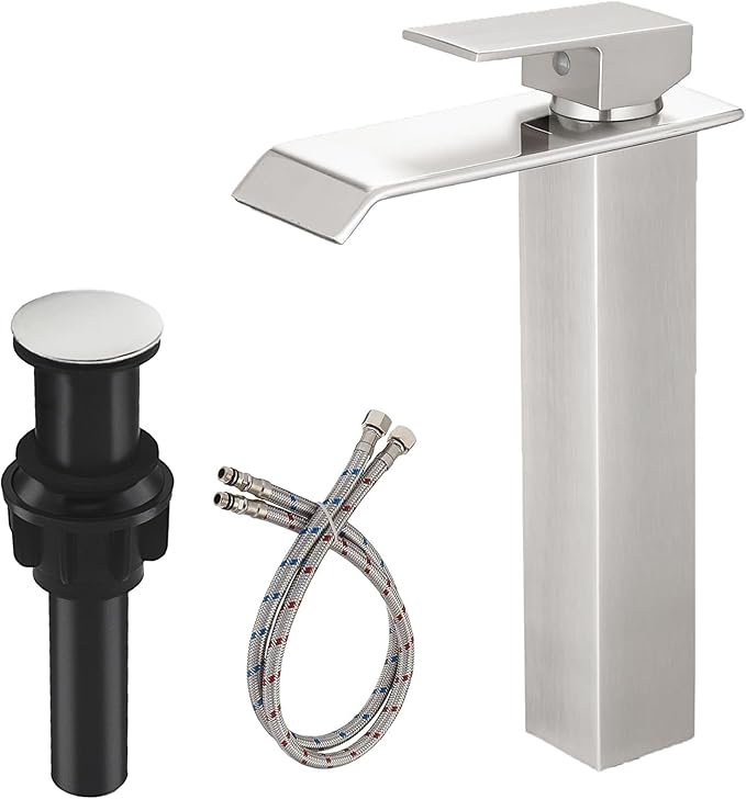 Brushed Nickel Bathroom Vessel Sink Faucet, Waterfall Faucet, Vessel Faucet, Tall Body High 1 Hole Single Handle with Pop Up Drain Combo Vanity Mixer Tap Commercial Basin Bowl Sink Silver