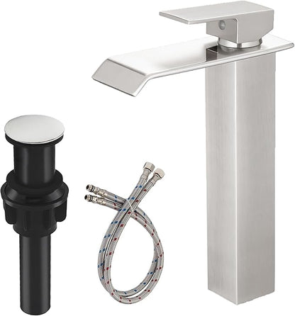 Brushed Nickel Bathroom Vessel Sink Faucet, Waterfall Faucet, Vessel Faucet, Tall Body High 1 Hole Single Handle with Pop Up Drain Combo Vanity Mixer Tap Commercial Basin Bowl Sink Silver