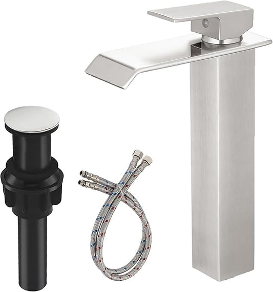 Brushed Nickel Bathroom Vessel Sink Faucet, Waterfall Faucet, Vessel Faucet, Tall Body High 1 Hole Single Handle with Pop Up Drain Combo Vanity Mixer Tap Commercial Basin Bowl Sink Silver