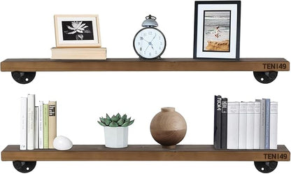 TEN49 Real Wood Rustic Floating Shelves Wall - 36 Wide Small Wooden Industrial Pipe Shelving - Farmhouse Pipe Wall Shelves Furniture Bathroom Decor Art Shelf Kitchen - Dark Espresso Color - Set of 2