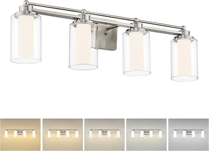 HWH Bathroom Vanity Light, Brushed Nickel, 4-Light, 5CCT, 5HLT63B-4W-LED BN | 4 Light Modern Bathroom Vanity Lights Over Mirror, Brushed Nickel Dimmable 24W LED, Dimmable Integrated LED Lighting