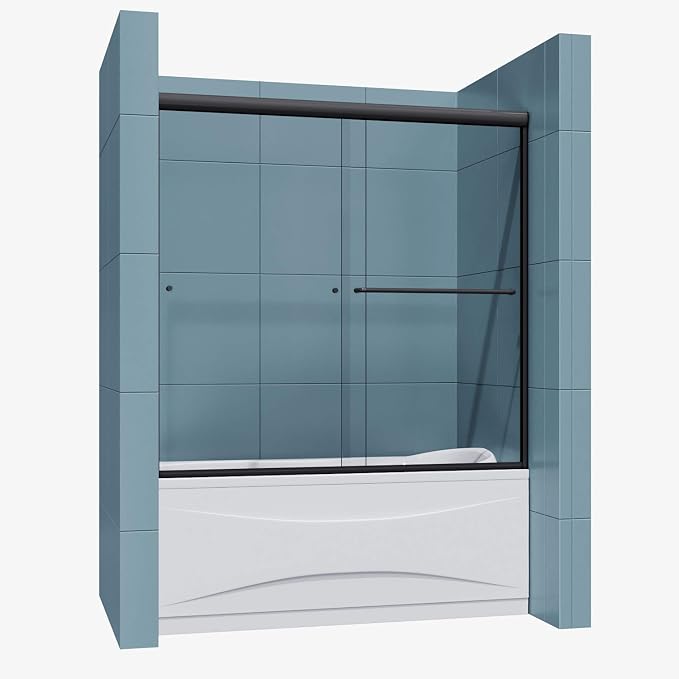 SUNNY SHOWER Bathtub Shower Door Glass Sliding Tub Door Semi-Frameless 1/4" Clear Glass Shower Enclosure Doors for Bathroom, Black Finish 58.5-60 in.W x 57 in.H