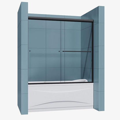 SUNNY SHOWER Bathtub Shower Door Glass Sliding Tub Door Semi-Frameless 1/4" Clear Glass Shower Enclosure Doors for Bathroom, Black Finish 58.5-60 in.W x 57 in.H