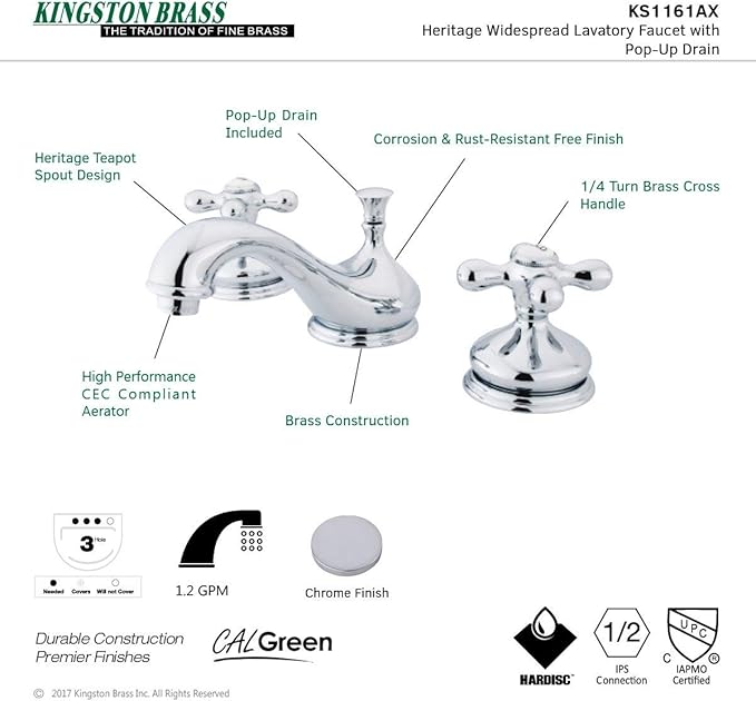 Kingston Brass KS1161AX Heritage Widespread Lavatory Faucet with Metal Cross Handle, Polished Chrome,8-Inch Adjustable Center