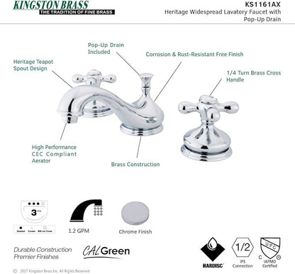 Kingston Brass KS1161AX Heritage Widespread Lavatory Faucet with Metal Cross Handle, Polished Chrome,8-Inch Adjustable Center