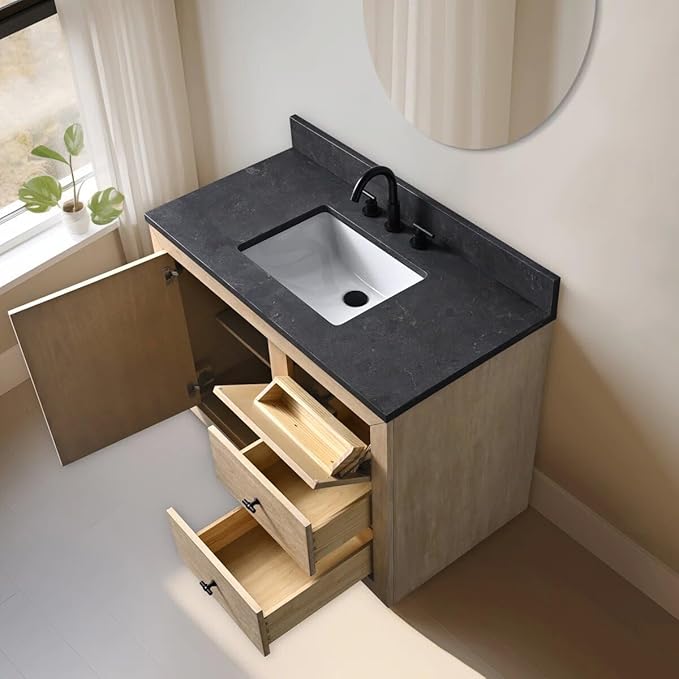 Vanity Art 42" Bathroom Vanity with Sink, Vanity Cabinet with Doors and Shelf, Modern Wood Bathroom Vanity with White Marble Top, Solid Wood Frame, 2 Right Functioning Shaker Drawer,VA70-42-LW-B