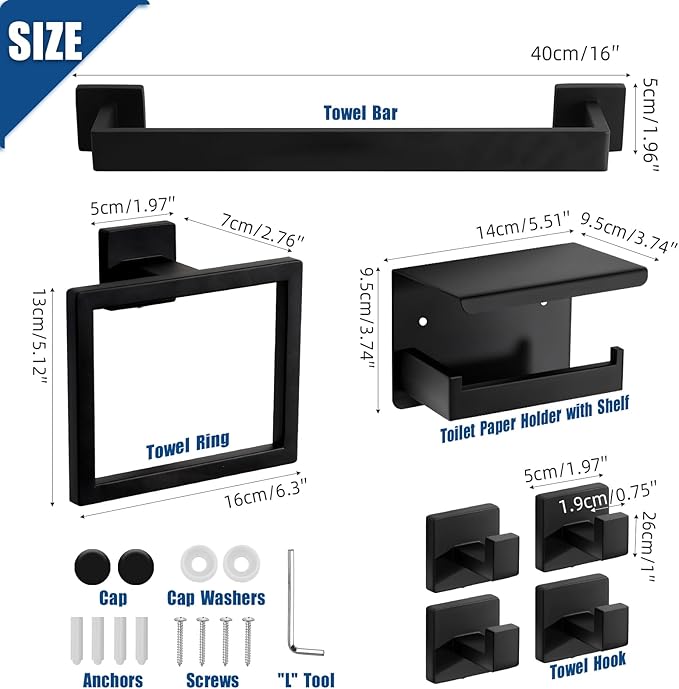 7-Piece Matte Black Bathroom Accessories Hardware Set, Stainless Steel 16" Towel Bar, Towel Ring, Toilet Paper Holder with Shelf, 4 Towel Hooks, Wall Mounted for Bathroom, Kitchen, Hotel