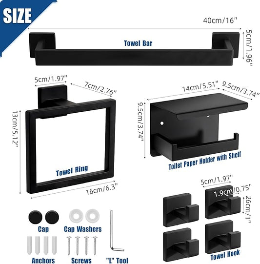 7-Piece Matte Black Bathroom Accessories Hardware Set, Stainless Steel 16" Towel Bar, Towel Ring, Toilet Paper Holder with Shelf, 4 Towel Hooks, Wall Mounted for Bathroom, Kitchen, Hotel