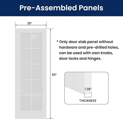 SMARTSTANDARD 28" x 80" Clear Glass French Interior Solid Core Door Slab | 10-Lite Glass Pantry Door for Bathroom Laundry Pocket, Pre-Assembled Panel without Hardware, White Primed