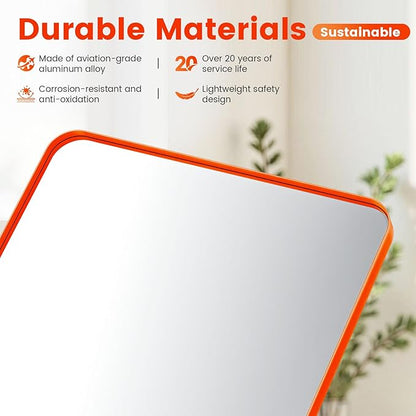24"x 28" Matte Orange Bathroom Mirror Wall Mounted, Matte Aluminum Alloy Frame with Rounded Corners, Shatterproof Tempered Glass, Anti-Rust HD Vanity Mirror for Bathroom, Bedroom, Entryway