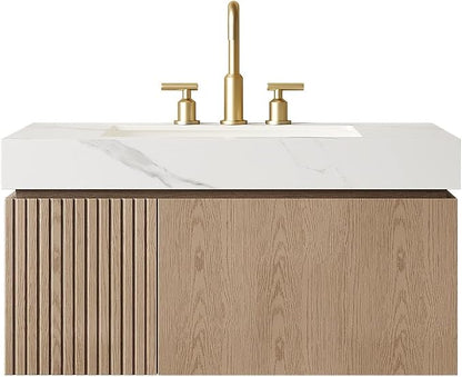 KEIKI 36 Inch Floating Bathroom Vanity with Sink, Light Brown & White | Modern Wall Mounted Storage Cabinet w/ Drawer & Door, Pre-assembled Wood Panels, Sintered Stone Top & Ceramic Basin Combo Set