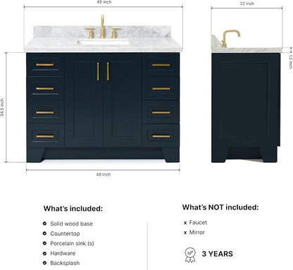 Emilia 48-Inch Bathroom Vanity with Sink — Midnight Blue Single Sink Bathroom Vanity, 1.5" Edge Italian Carrara Marble Top, Solid Wood, 2 Soft Closing Doors, 9 Dovetail Drawers
