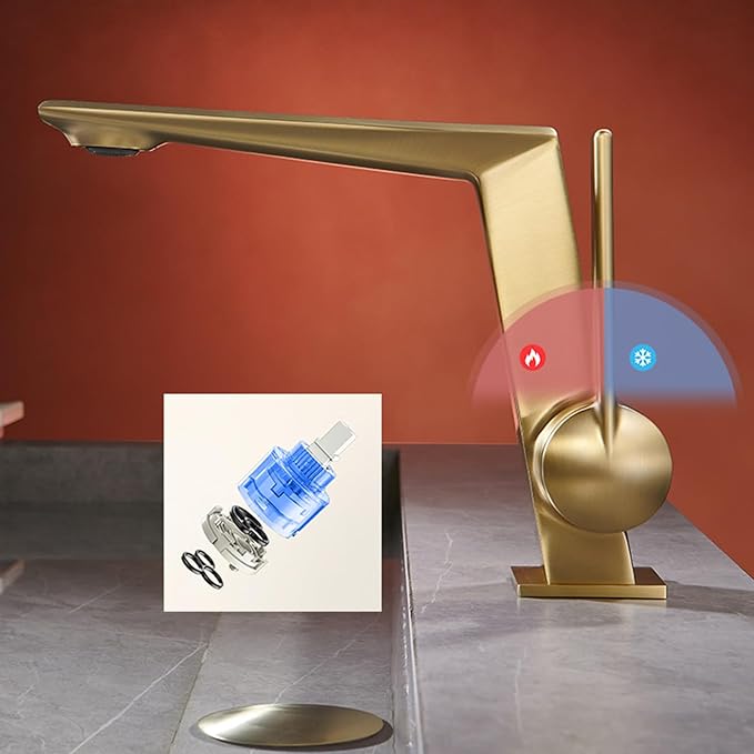 BiaoTeng Brushed Gold Bathroom Faucets Single Handle Hot and Cold Brass Faucets for Bathroom Sinks One Hole