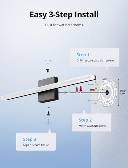 Led Vanity Lights Over Mirror Soft Shadow Free Black Bathroom Lamp for Wall,14W 24 Inch Long Restroom Lighting Bars Cool White 6000K Lámparas Luces para Baños Sobre Espejo Modernas 2 Pack