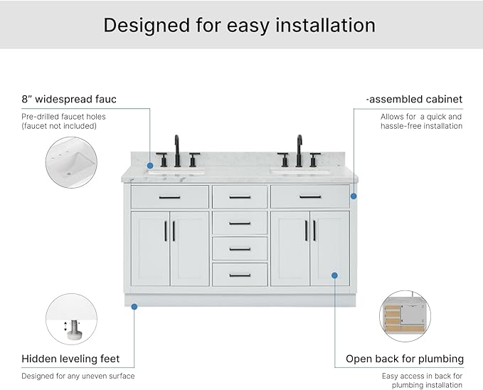 ARIEL Hepburn 60-inch Bathroom Vanity with Sink,Solid Wood, 1.5-inch Italian Carrara Marble Countertop, Double Rectangular Porcelain Sink, 4 Soft Closing Doors, 6 Dovetail Drawers, Grey