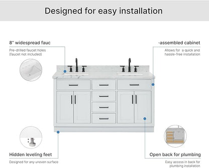 ARIEL Hepburn 60-inch Bathroom Vanity with Sink,Solid Wood, 1.5-inch Italian Carrara Marble Countertop, Double Rectangular Porcelain Sink, 4 Soft Closing Doors, 6 Dovetail Drawers, Grey