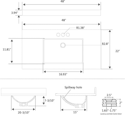 48 Inch Engineered Stone Bathroom Vanity Sink Top, with Undermount Rectangular Middle Sink, Vanity Countertop with 8 inch Faucet Hole Spacing and Backsplash in Lightning White