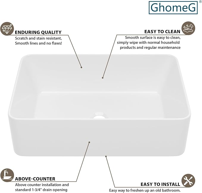 White Bathroom Vessel Sink Ceramic Vanity Art Basin Above Counter | 21"x14" Rectangular Bathroom Sink Porcelain Vessel Vanity Sink