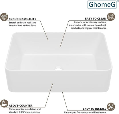 White Bathroom Vessel Sink Ceramic Vanity Art Basin Above Counter | 21"x14" Rectangular Bathroom Sink Porcelain Vessel Vanity Sink